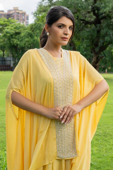 Buy_Label Lila_Yellow Chiffon Sequins Square Neck Greek Moti Embroidered Kaftan With Dhoti Pant 