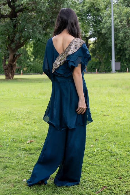 Label Lila Embellished Ruffled Neck Kurta With Flared Pant 