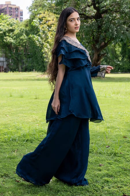 Label Lila_Blue Polyester Sequins Embellished Ruffled Neck Kurta With Flared Pant _Online_at_Aza_Fashions