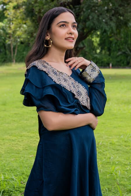 Buy_Label Lila_Blue Polyester Sequins Embellished Ruffled Neck Kurta With Flared Pant _Online_at_Aza_Fashions