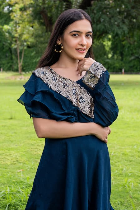 Shop_Label Lila_Blue Polyester Sequins Embellished Ruffled Neck Kurta With Flared Pant _Online_at_Aza_Fashions