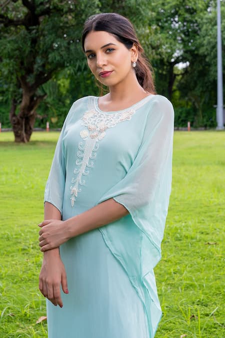 Label Lila_Blue Chiffon Embroidery Round Neck Moti Blossom Yoke Kaftan With Inner Slip _Online_at_Aza_Fashions