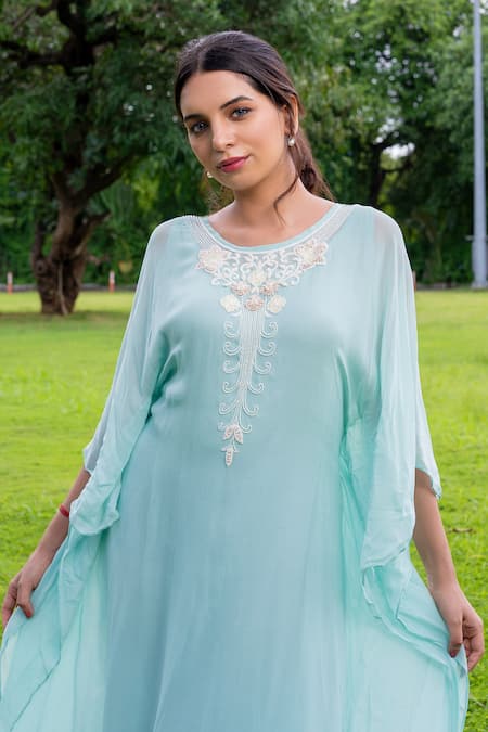 Buy_Label Lila_Blue Chiffon Embroidery Round Neck Moti Blossom Yoke Kaftan With Inner Slip _Online_at_Aza_Fashions