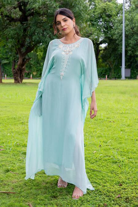 Shop_Label Lila_Blue Chiffon Embroidery Round Neck Moti Blossom Yoke Kaftan With Inner Slip _Online_at_Aza_Fashions