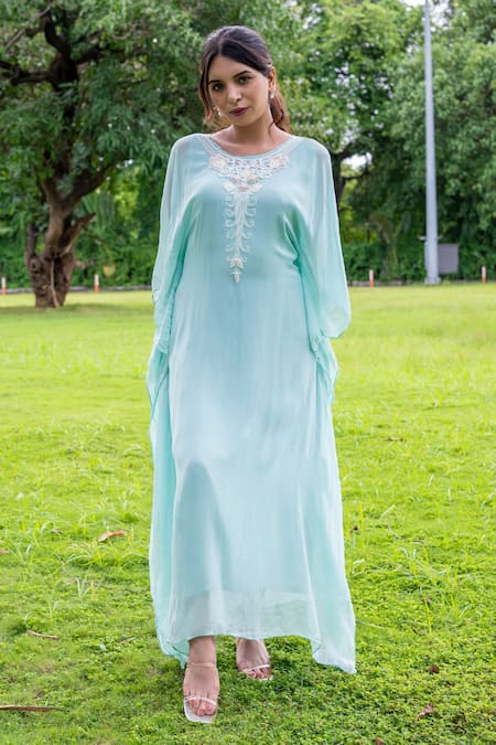 Label Lila_Blue Chiffon Embroidery Round Neck Moti Blossom Yoke Kaftan With Inner Slip _at_Aza_Fashions