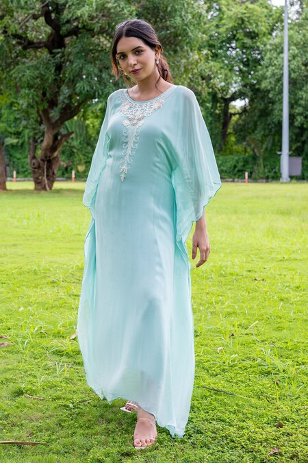 Buy Blue Chiffon Blossom Embroidery Moti Yoke Kaftan With Inner