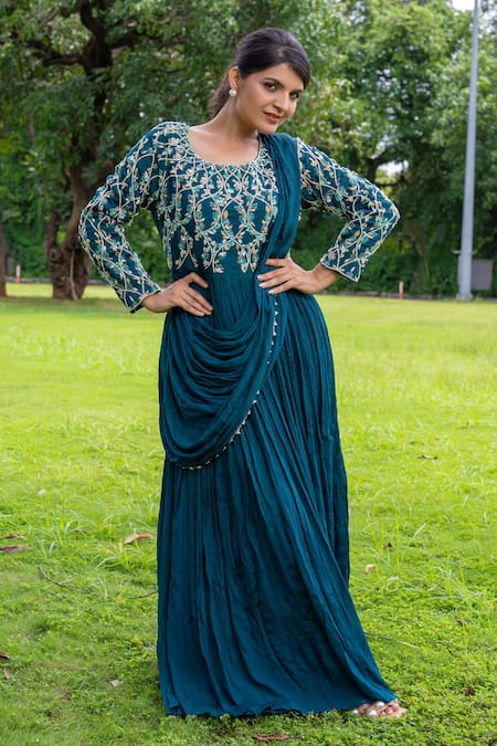 Label Lila Blue Georgette Iris Sequin Bloom Anarkali With Attached Pleated Drape 