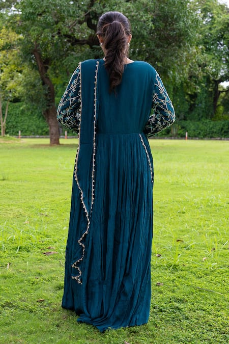 Label Lila Iris Sequin Bloom Anarkali With Attached Pleated Drape 