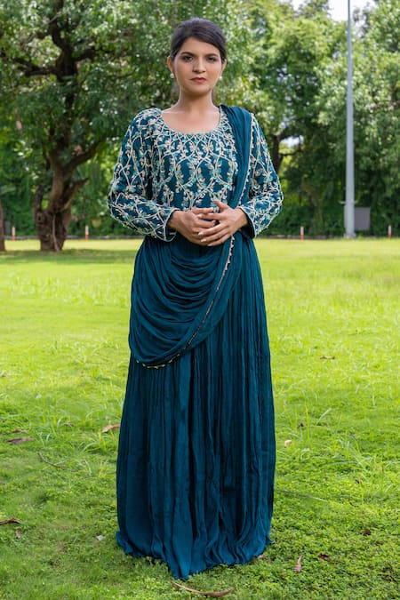 Buy_Label Lila_Blue Georgette Sequins, Beads, Iris Bloom Anarkali With Attached Pleated Drape _Online_at_Aza_Fashions