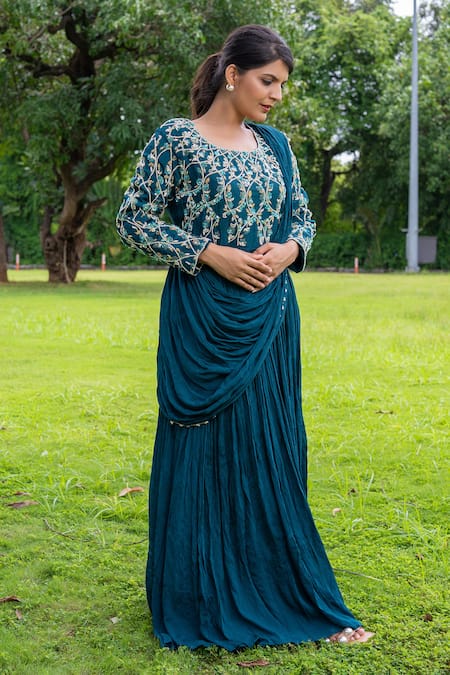 Shop_Label Lila_Blue Georgette Sequins, Beads, Iris Bloom Anarkali With Attached Pleated Drape _Online_at_Aza_Fashions
