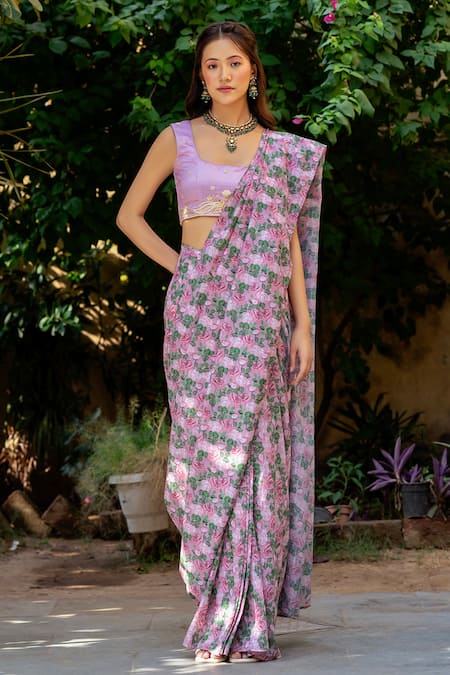 Pasha India Pink Muslin Zari Kobi Printed Concept Pre-draped Saree With Blouse  