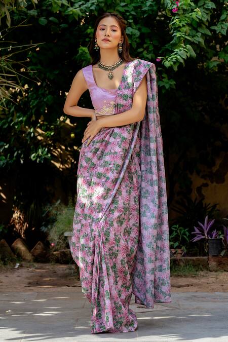 Buy_Pasha India_Pink Muslin Zari, Embroidery Kobi Printed Concept Pre-draped Saree With Blouse _Online_at_Aza_Fashions