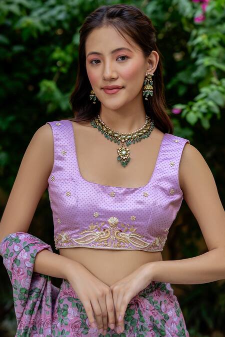 Shop_Pasha India_Pink Muslin Zari, Embroidery Kobi Printed Concept Pre-draped Saree With Blouse _Online_at_Aza_Fashions