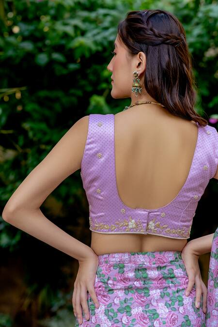 Pasha India_Pink Muslin Zari, Embroidery Kobi Printed Concept Pre-draped Saree With Blouse _at_Aza_Fashions