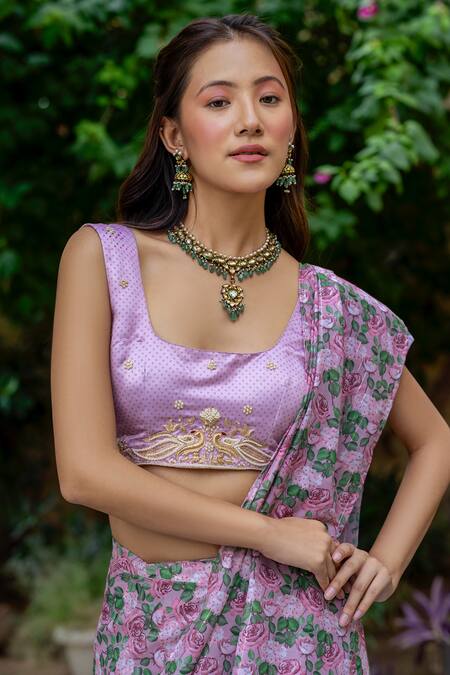 Buy_Pasha India_Pink Muslin Zari, Embroidery Kobi Printed Concept Pre-draped Saree With Blouse 