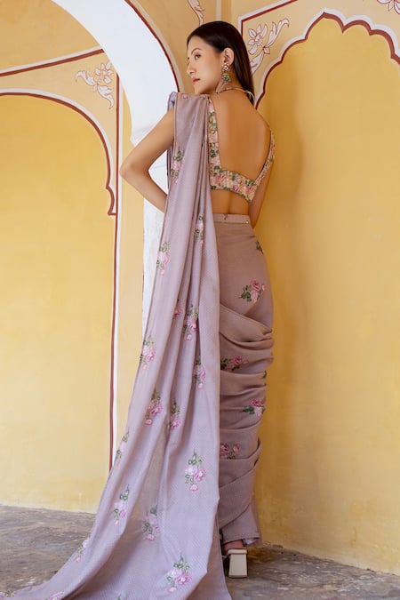 Pasha India Floral Print Pre-Draped Saree With Blouse 