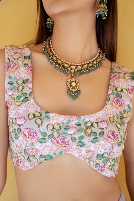 Buy_Pasha India_Brown Cotton Embroidery Round Neck Floral Print Pre-draped Saree With Blouse _Online_at_Aza_Fashions