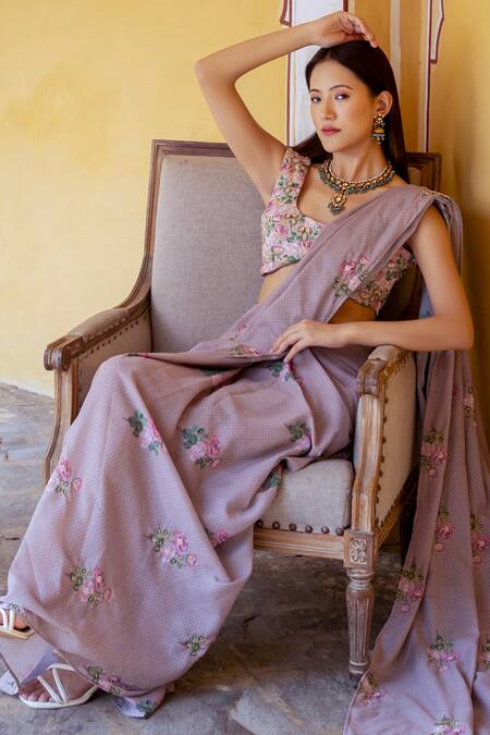 Shop_Pasha India_Brown Cotton Embroidery Round Neck Floral Print Pre-draped Saree With Blouse _Online_at_Aza_Fashions