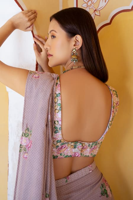 Pasha India_Brown Cotton Embroidery Round Neck Floral Print Pre-draped Saree With Blouse _at_Aza_Fashions