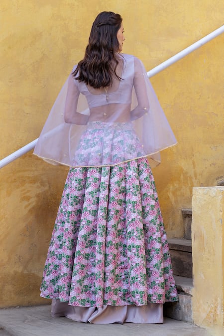 Shop Pasha India Brown Organza Embroidery, Pearls Round Neck Layered Printed Lehenga Set at Aza Fashions Shop_Pasha India_Brown Organza Embroidery, Pearls Round Neck Layered Printed Lehenga Set _at_Aza_Fashions