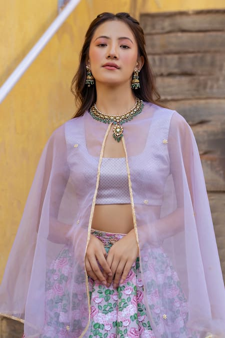 Pasha India Brown Organza Embroidery, Pearls Round Neck Layered Printed Lehenga Set Online at Aza Fashions Pasha India_Brown Organza Embroidery, Pearls Round Neck Layered Printed Lehenga Set _Online_at_Aza_Fashions