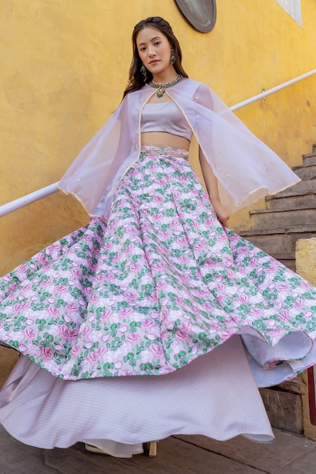 Buy_Pasha India_Brown Organza Embroidery, Pearls Round Neck Layered Printed Lehenga Set _Online_at_Aza_Fashions