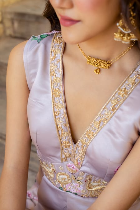 Pasha India_Brown Satin Embroidery, Zari V-neck Floral Print Peacock Motif Jumpsuit _Online_at_Aza_Fashions