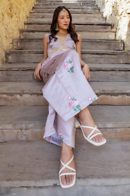 Buy_Pasha India_Brown Satin Embroidery, Zari V-neck Floral Print Peacock Motif Jumpsuit _Online_at_Aza_Fashions