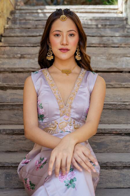 Shop_Pasha India_Brown Satin Embroidery, Zari V-neck Floral Print Peacock Motif Jumpsuit _Online_at_Aza_Fashions