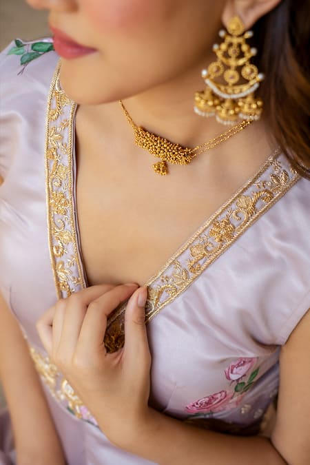 Pasha India_Brown Satin Embroidery, Zari V-neck Floral Print Peacock Motif Jumpsuit _at_Aza_Fashions