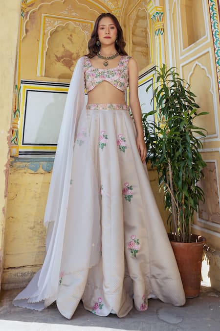 Shop_Pasha India_Green Organza Embroidery, Zari Round Neck Panelled Floral Print Lehenga Set _Online_at_Aza_Fashions