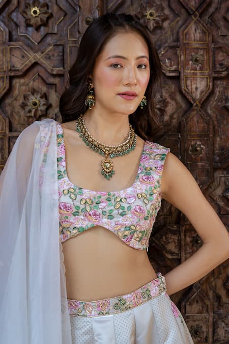 Pasha India_Green Organza Embroidery, Zari Round Neck Panelled Floral Print Lehenga Set _at_Aza_Fashions