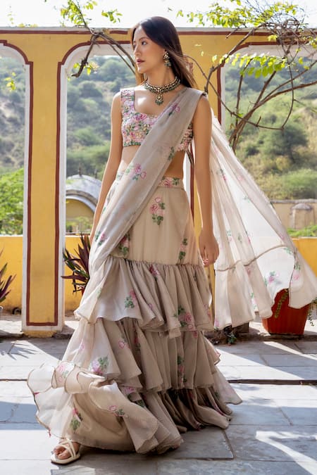 Shop_Pasha India_Green Organza Embroidery Round Neck Pre-draped Ruffle Saree With Blouse _Online_at_Aza_Fashions