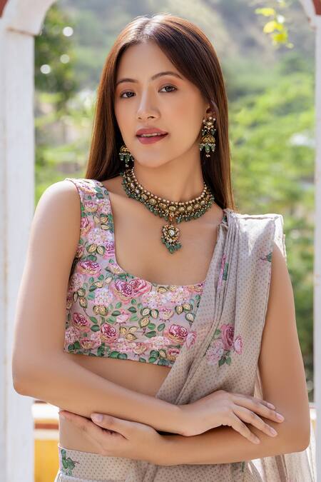 Pasha India_Green Organza Embroidery Round Neck Pre-draped Ruffle Saree With Blouse _at_Aza_Fashions