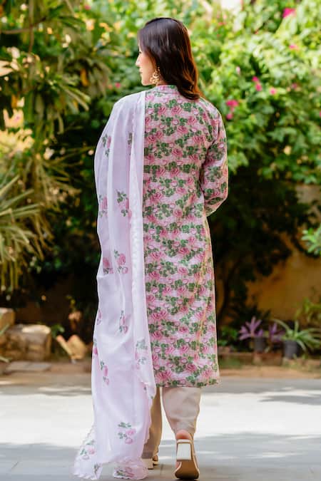 Shop_Pasha India_Pink Organza, Cotton Round Neck Pintucked Kurta Salwar Set _at_Aza_Fashions