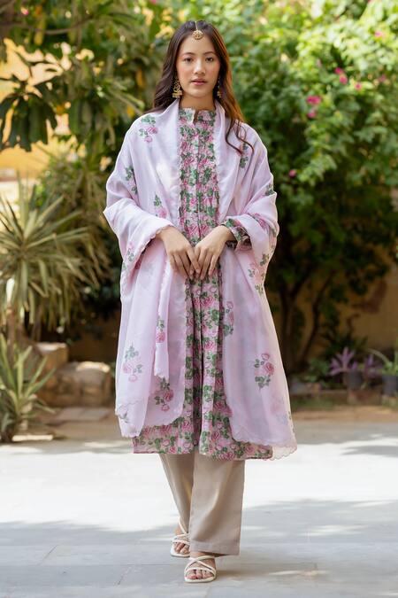 Pasha India_Pink Organza, Cotton Round Neck Pintucked Kurta Salwar Set _Online_at_Aza_Fashions