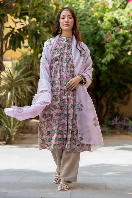 Shop_Pasha India_Pink Organza, Cotton Round Neck Pintucked Kurta Salwar Set _Online_at_Aza_Fashions