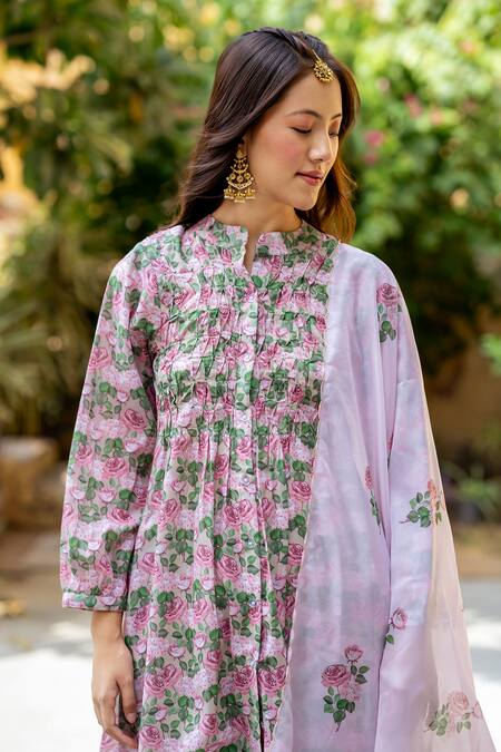 Pasha India_Pink Organza, Cotton Round Neck Pintucked Kurta Salwar Set _at_Aza_Fashions