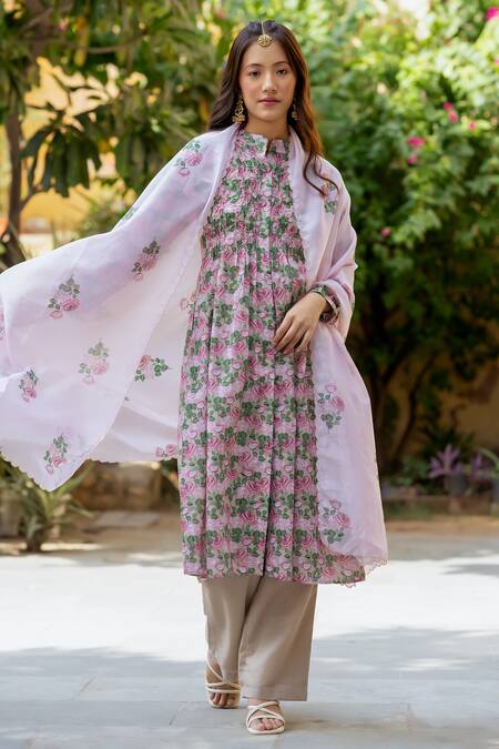 Buy_Pasha India_Pink Organza, Cotton Round Neck Pintucked Kurta Salwar Set 