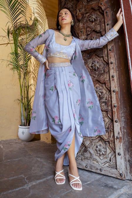 Pasha India Floral Print Embroidered Cape Draped Skirt Set 