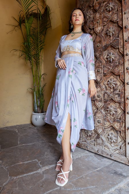 Buy_Pasha India_Blue Organza Embroidery, Zari Round Neck Floral Print Cape Draped Skirt Set _Online_at_Aza_Fashions