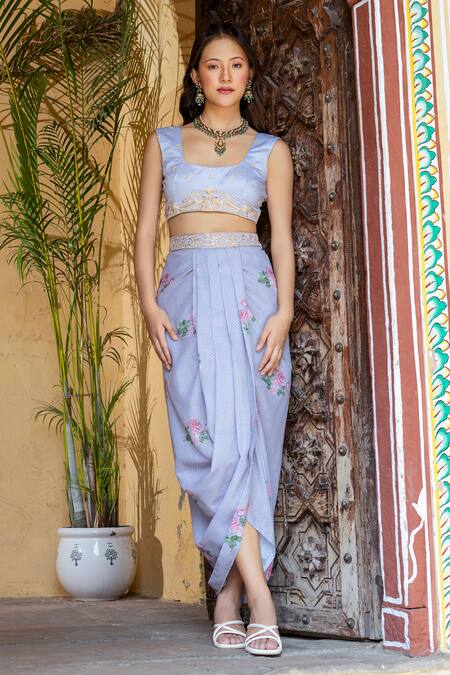 Pasha India_Blue Organza Embroidery, Zari Round Neck Floral Print Cape Draped Skirt Set _at_Aza_Fashions