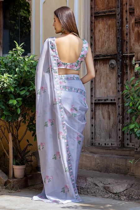 Shop Pasha India Blue Organza Embroidery Floral And Polka Dot Print Pre-draped Saree With Blouse at Aza Fashions Shop_Pasha India_Blue Organza Embroidery Floral And Polka Dot Print Pre-draped Saree With Blouse _at_Aza_Fashions