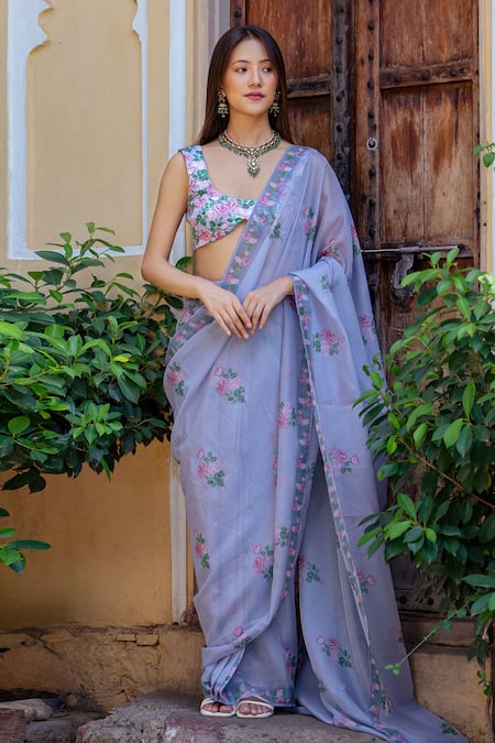 Pasha India Blue Organza Embroidery Floral And Polka Dot Print Pre-draped Saree With Blouse Online at Aza Fashions Pasha India_Blue Organza Embroidery Floral And Polka Dot Print Pre-draped Saree With Blouse _Online_at_Aza_Fashions