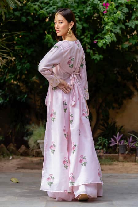 Shop Pasha India Pink Organza, Cotton Embroidery Round Neck Floral Print Cape Sharara Set at Aza Fashions Shop_Pasha India_Pink Organza, Cotton Embroidery Round Neck Floral Print Cape Sharara Set _at_Aza_Fashions