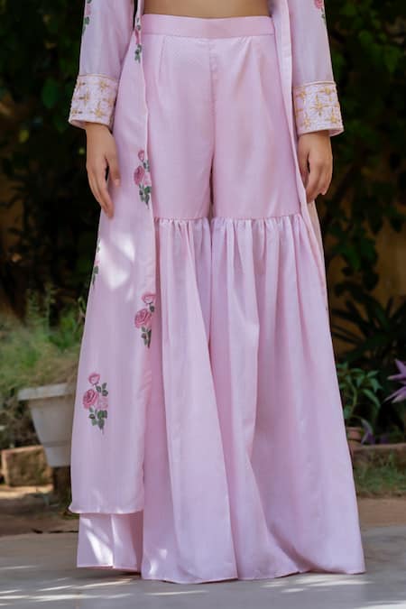 Pasha India Pink Organza, Cotton Embroidery Round Neck Floral Print Cape Sharara Set Online at Aza Fashions Pasha India_Pink Organza, Cotton Embroidery Round Neck Floral Print Cape Sharara Set _Online_at_Aza_Fashions