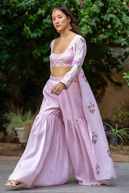 Buy_Pasha India_Pink Organza, Cotton Embroidery Round Neck Floral Print Cape Sharara Set _Online_at_Aza_Fashions