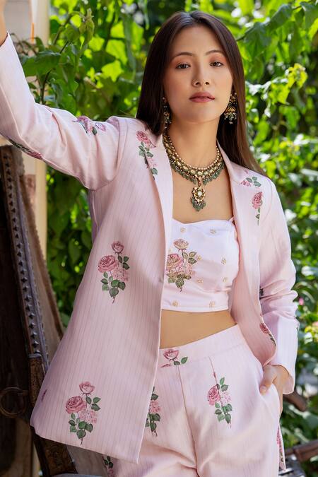 Shop_Pasha India_Pink Muslin, Cotton Embroidery Collared Floral Print Striped Blazer Pant Set _Online_at_Aza_Fashions