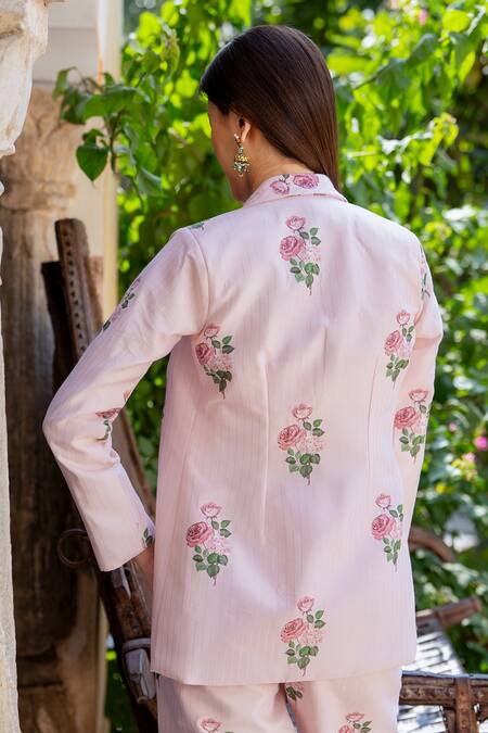 Pasha India_Pink Muslin, Cotton Embroidery Collared Floral Print Striped Blazer Pant Set _at_Aza_Fashions