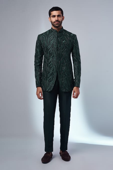 Nero by Shaifali and Satya Green Suiting Helix Wing Embroidery Jodhpuri With Trouser